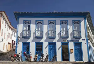 Motorcycle Prints: Motorcycles outside shop, Diamantina (UNESCO World Heritage Site), Minas Gerais, Brazil