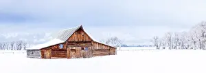 Jackson Hole Prints: Moulton Barn, Mormon Row in Winter with lots of Snow Freezing Cold Grand Teton National Park