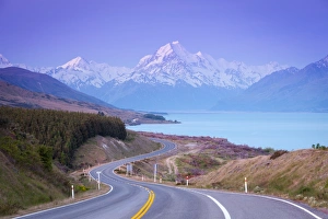 Mount Cook (Aoraki) illuminated at dusk, Lake Pukaki, Mackenzie Country, Canterbury