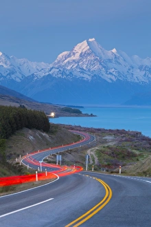 Mount Cook (Aoraki) illuminated at dusk, Lake Pukaki, Mackenzie Country, Canterbury