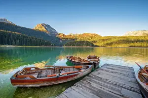 Rowing Boats Prints: Mount Durmitor and Crno Jevero or Black lake in the Municipality of Zabljak in northern Montenegro