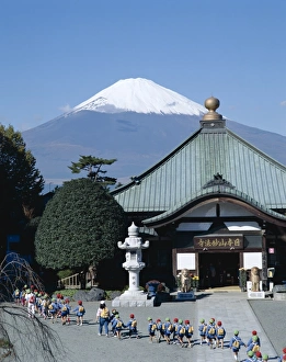 Mt Fuji Prints: Mount Fuji / Temple & School Children, Honshu, Japan