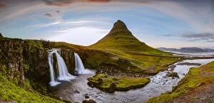 Images Dated 26th June 2017: Mount Kirkjufell and its waterfalls at sunset, Snaefellsnes peninsula, Iceland