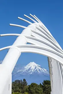 Mount Taranaki (Egmont) framed with Te Rewa Rewa Bridge, Taranaki, North Island