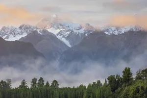 Mount Tasman Prints: Mount Tasman at dawn on a misty morning, South Island, New Zealand. Autumn (May) 2025
