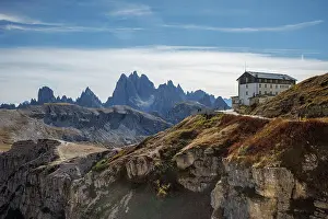 Trentino Prints: The mountain hut Auronzo with the Cadini di Misurina mountains beyond