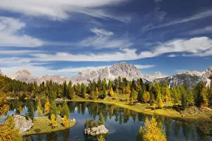 Colours Gallery: Mountain lake Lago di Federa with Cristallo, Sorapis and Antelao in the background