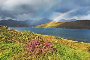 Strath Prints: Mountain landscape with rainbow at Loch Ainot - United Kingdom, Scotland, Inner Hebrides
