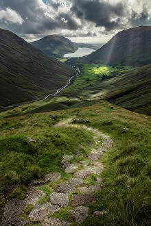 Mountain path leading towards Wasdale Head and Wast Water from Great Gable, Lake District National Park, Cumbria