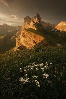 Rain Prints: The mountain range of the Odle as seen from the Seceda. Val Gardena, Dolomites, Italy