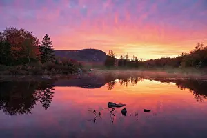 Vermont Prints: Mountain reflection on Turtlehead Pond at sunrise in autumn, Marshsfield, Vermont, USA
