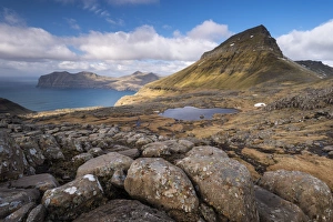 Mountain views from the slopes of Sornfelli in the Faroe Islands, Denmark. Spring
