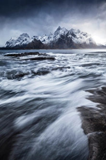 Lofoten Prints: Mountain and water near Vareid, Flakstad, Moskenesoya, Nordland, Lofoten Islands, Norway