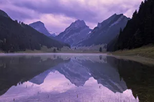 Mountainscapes Prints: Mountains are reflected in the Samtisersee at sunrise, Canton of Appenzell, Alpstein