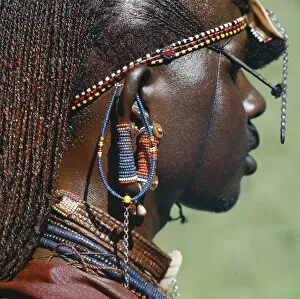 Maasai Tribe Collection: Detail of a Msai warriors ear ornaments and