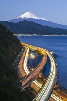 Japanese Gallery: Mt. Fuji and traffic driving on the Tomei Expressway, Shizuoka, Honshu, Japan