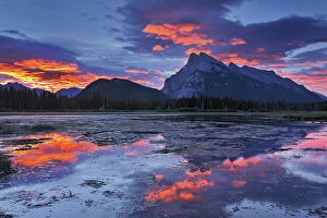Images Dated 20th April 2023: Mt. Rundle reflected in Vermillion Lake at dawn, Banff National Park, Alberta, Canada