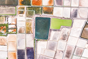 Industry Prints: Multi colored salt tanks from above, aerial view, Phetchaburi, Thailand