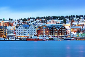 Townscape Prints: Multicolored facades and harbor at dusk, Tromso, Norway