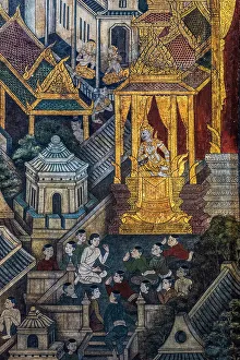 Murals depicting scenes from life of Buddha, Temple of the Reclining Buddha, Wat Pho, Phra Nakhon District, Bangkok, Thailand