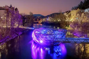 Steel Prints: Murinsel artificial floating island on river Mur, Graz, Styria, Austria