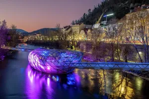 Steel Prints: Murinsel artificial floating island on river Mur, Graz, Styria, Austria