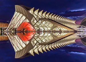 Valencia Prints: The Museu de les Ciencies (Science Museum) reflecting in a shallow pool of water at night