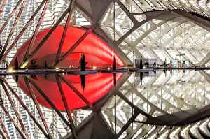 Sciences Prints: Museu de les Ciencies (Science Museum) reflecting in a shallow pool of water at night