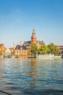Summer Evening Prints: Museum harbor with town hall, Leer, East Frisia, Lower Saxony, Germany