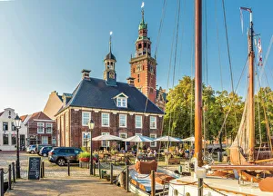 Nordsee Prints: Museum harbor with a view of the town hall, Leer, East Frisia, Lower Saxony, Germany
