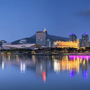 Busan Prints: Museums and park along Haeundae River at dusk, Busan, South Korea