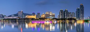 Contemporary Architecture Prints: Museums and park along Haeundae River at dusk, Busan, South Korea