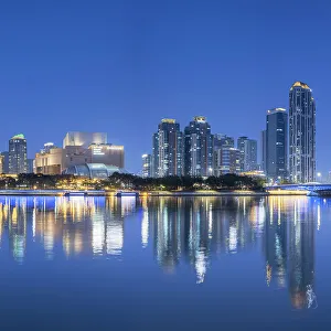 Contemporary Architecture Prints: Museums and park along Haeundae River at dusk, Busan, South Korea
