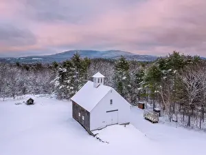Sutton Prints: Muster Field Farm in snow at sunset, North Sutton, New Hampshire, USA