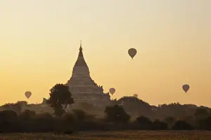 Pagodas Prints: Myanmar (Burma), Bagan, Shwesandaw Pagoda and Hot Air Balloons at Sunrise