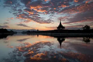 Royal Palace Prints: Myanmar, Burma, Mandalay, Mandalay palace at sunrise
