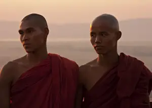 Robes Prints: Myanmar, Burma, Mandalay. Monks enjoying the evening light, Mandalay Hill