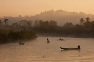 Creek Prints: Myanmar, Burma, Mrauk U. Early morning mist rising on the Aungdat Creek
