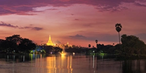 Rangoon Prints: Myanmar (Burma), Yangon (Rangoon), Shwedagon Paya (Pagoda) reflected in Kandawgyi Lake