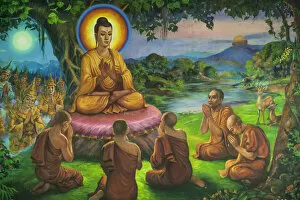 Images Dated 28th February 2013: Myanmar (Burma), Yangon, Shwedagon Pagoda, Painting depicting Life of Buddha