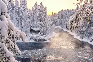 Day Dreaming Prints: Myllykoski frozen rapids and snowy mill into an arctic forest at sunrise