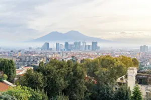 Urban Landscape Prints: Naples cityscape with Mount Vesuvius in background