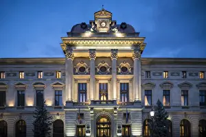 National Bank of Romania at Night, Old Town Quarter of Lipscani, Bucharest, Romania