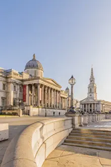 Landmarks Prints: National Gallery and St Martin in the Fields church in Trafalgar Square, London, England