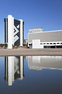 Federal District Prints: National Library and skyscraper, Brasilia, Federal District, Brazil