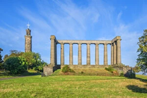 Images Dated 2nd July 2021: National Monument with Nelson Monument, Calton Hill, Edinburgh, Scotland, Great Britain