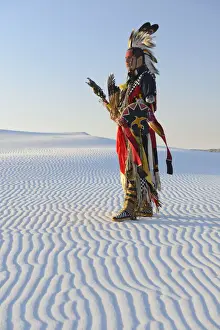 Native American in full regalia, White Sands National Monument, New Mexico, USA MR