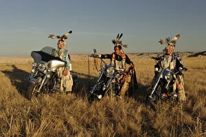 Great Plains Collection: Three Native Indians on Bikes, Lakota, South Dakota, USA MR