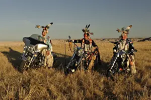 Great Plains Prints: Three Native Indians on Bikes, Lakota, South Dakota, USA MR