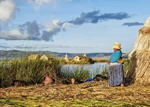 Andes Collection: Native Uro Lady, Uros Floating Islands, Lake Titicaca, Puno Region, Peru